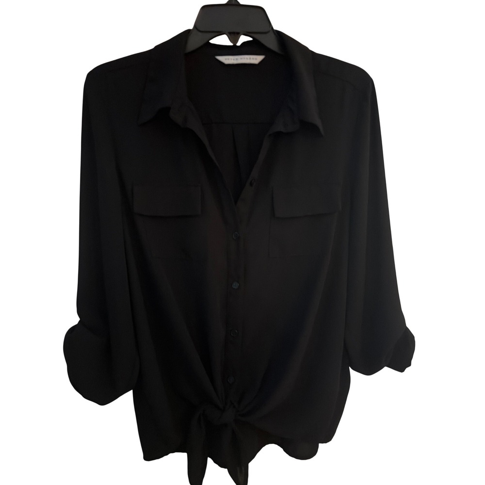 Peter Nygard Black Tie Front Button Down Blouse Roll Tab Sleeve P1413Q899
